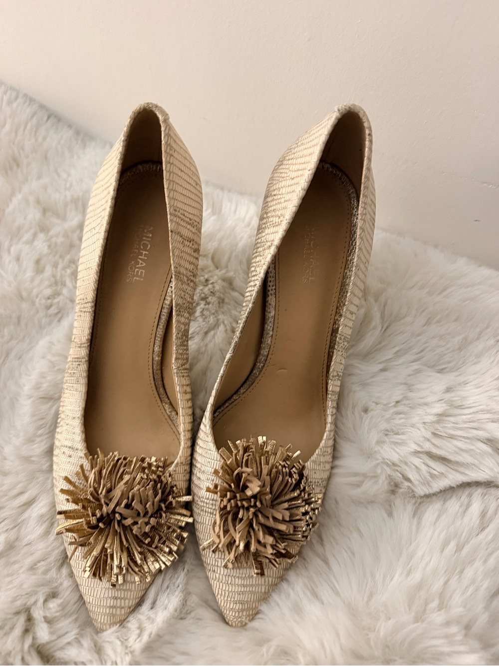 MICHAEL Michael Kors Cream Raffia Pointed Toe Pumps with Pom Pom